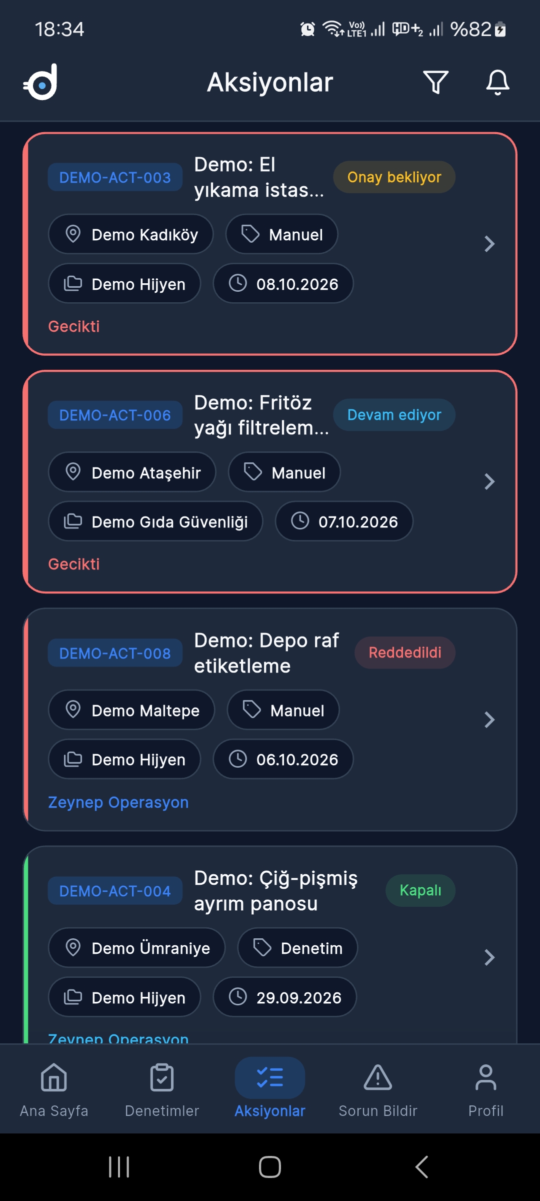 Denetrium mobile app — Action follow-up screen, Turkish interface