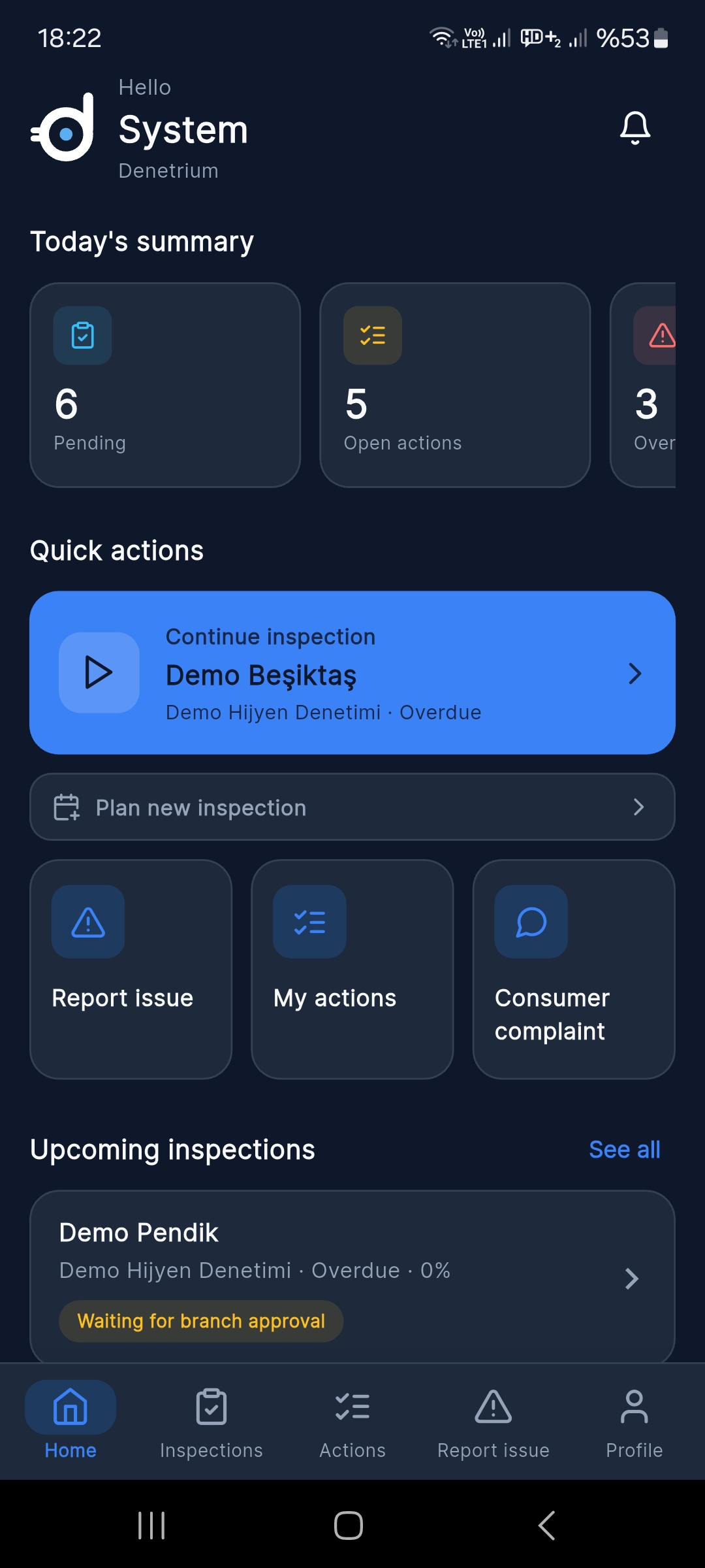 Denetrium-App — Bildschirm Tagesübersicht, englische Oberfläche