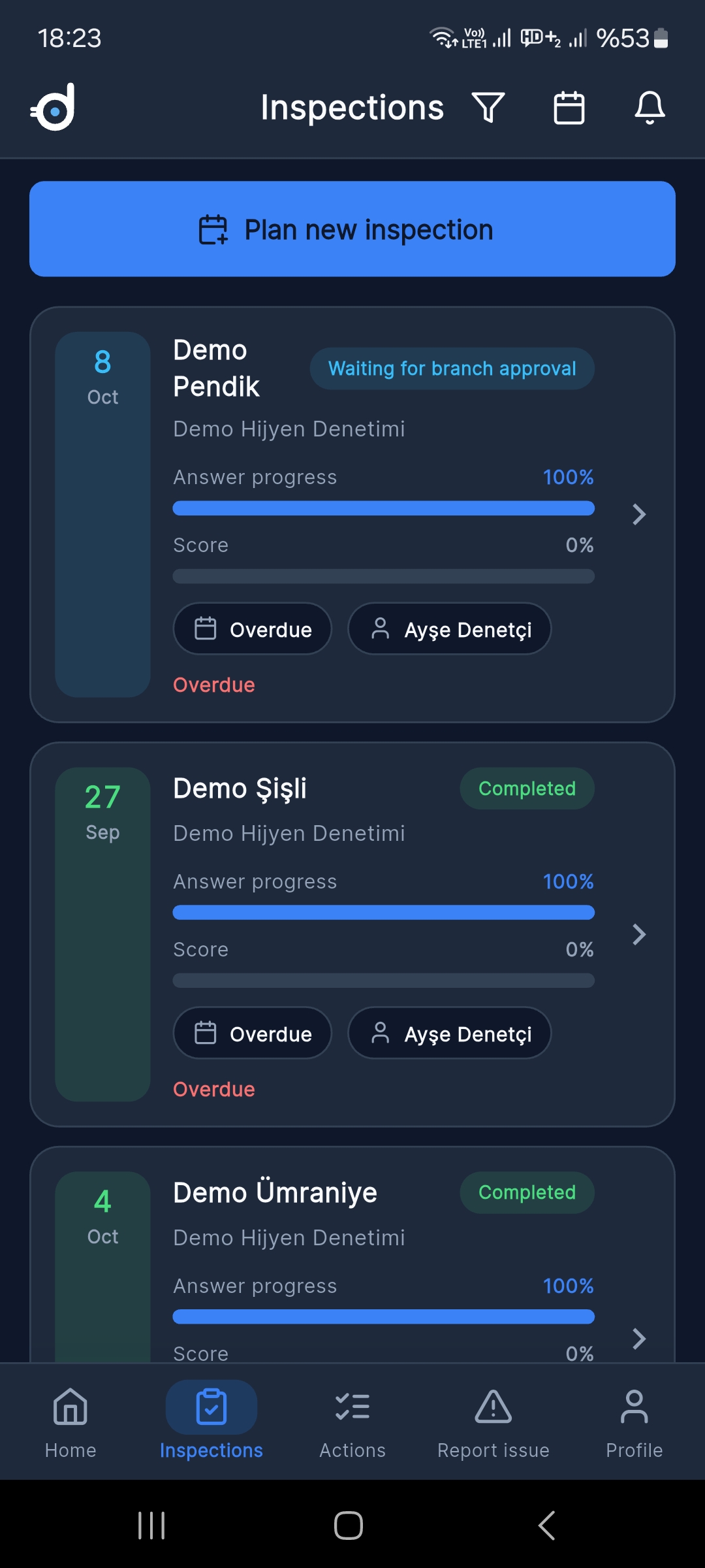 Denetrium-App — Bildschirm Audits, englische Oberfläche