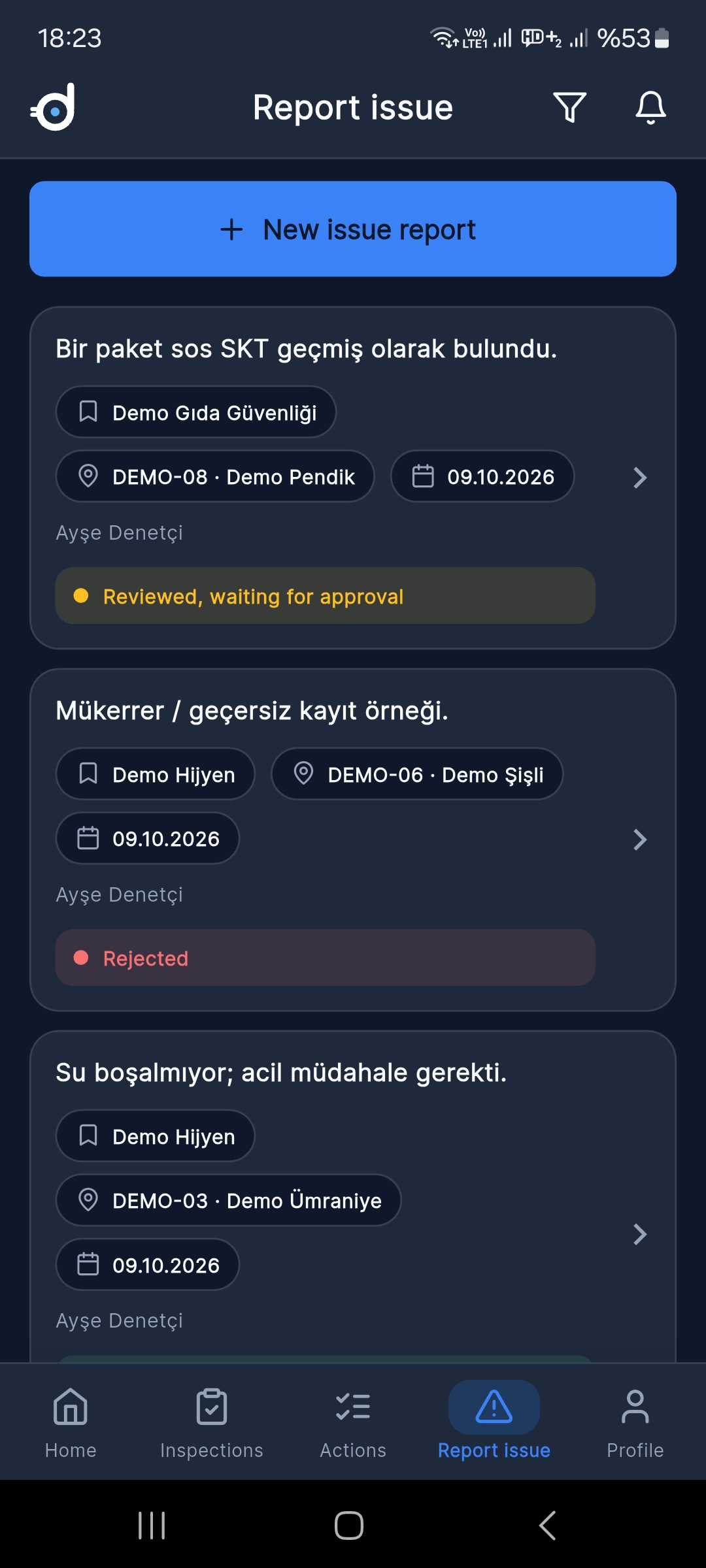 Denetrium-App — Bildschirm Vorgänge melden, englische Oberfläche