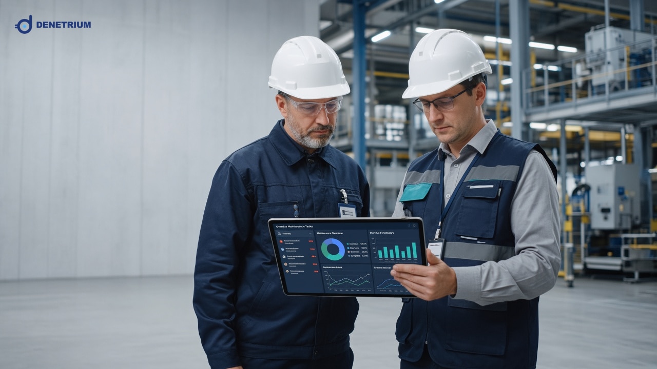 In einer Werkshalle prüfen ein Betriebsleiter und ein Auditor überfällige Maßnahmen auf einem Tablet. Das Denetrium-Logo steht in der Ecke.