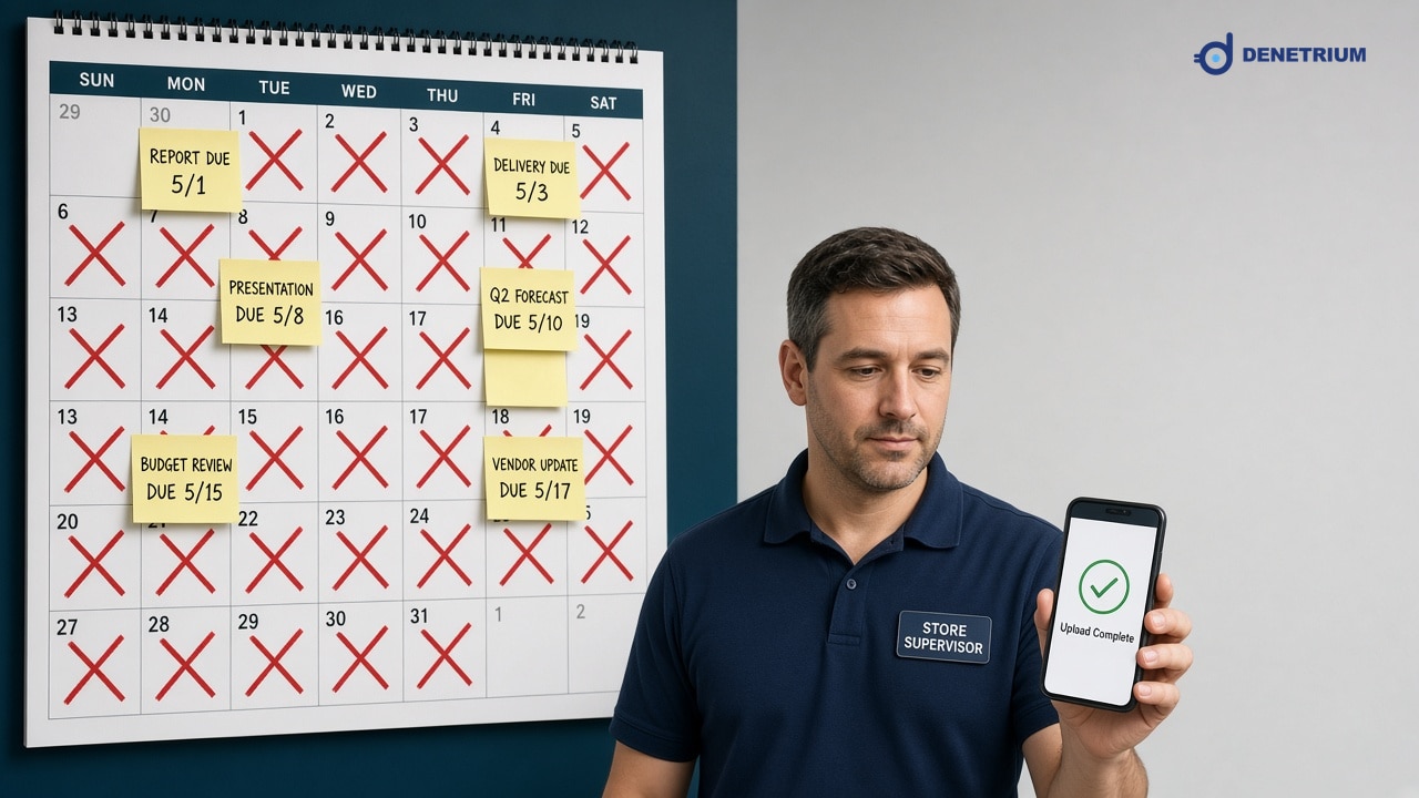 A store supervisor closes a corrective action on a phone beside a calendar of missed deadlines. The Denetrium logo sits in the corner.