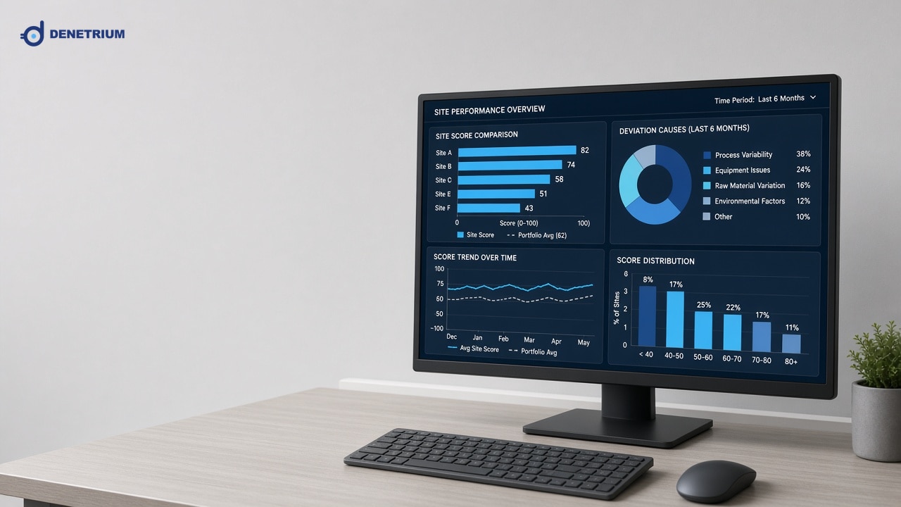 Ein Monitor vergleicht Prüfwerte, Abweichungsursachen und Trends mehrerer Standorte. Das Denetrium-Logo steht in der Ecke.
