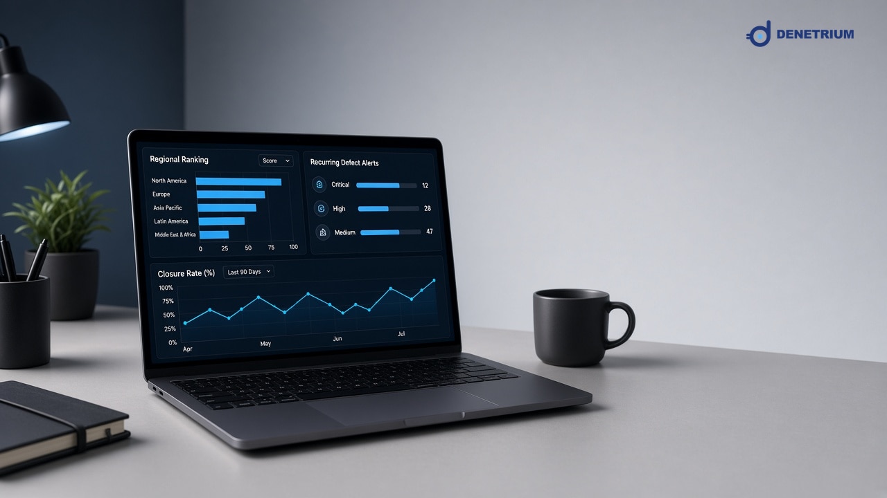 A laptop shows regional audit rankings, recurring defect alerts, and closure rates. The Denetrium logo sits in the corner.