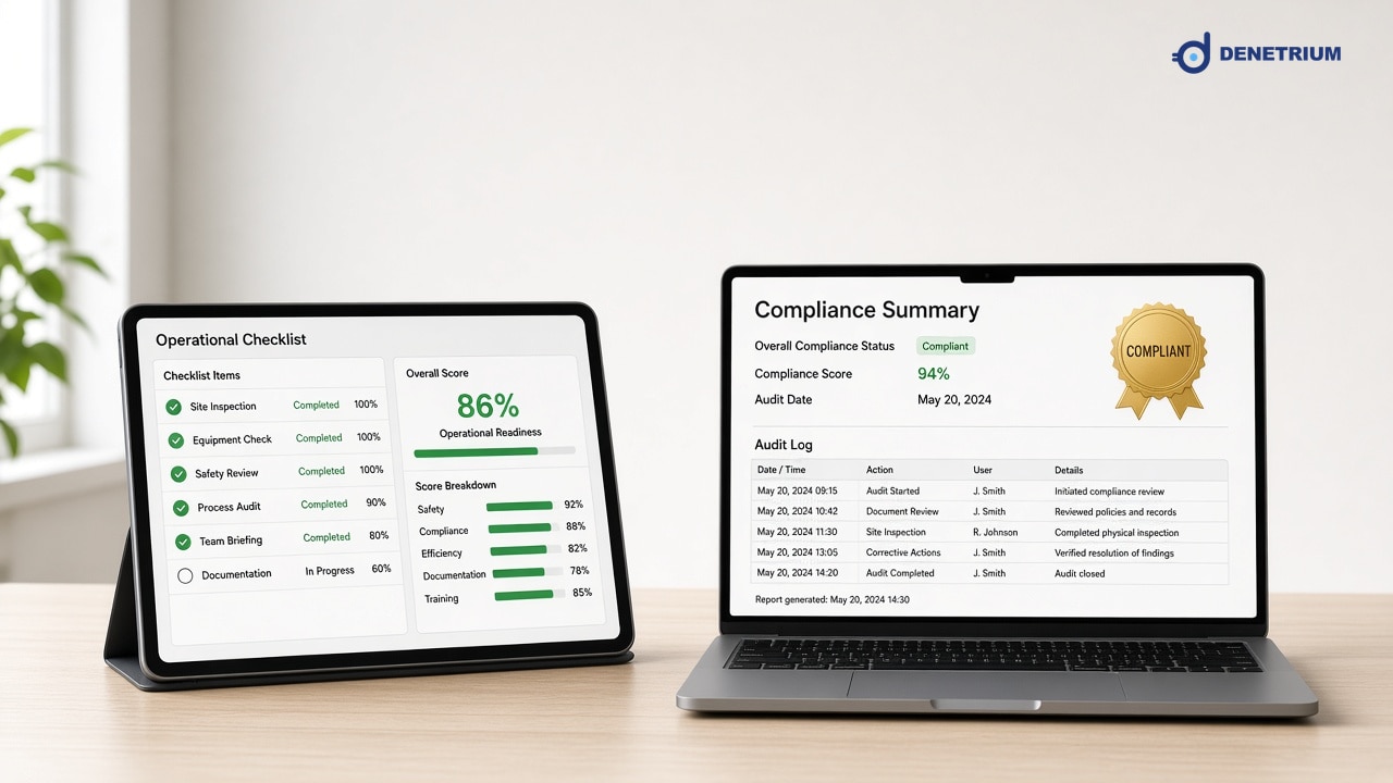 Split view of an operational checklist and a formal compliance summary. The Denetrium logo sits in the corner.