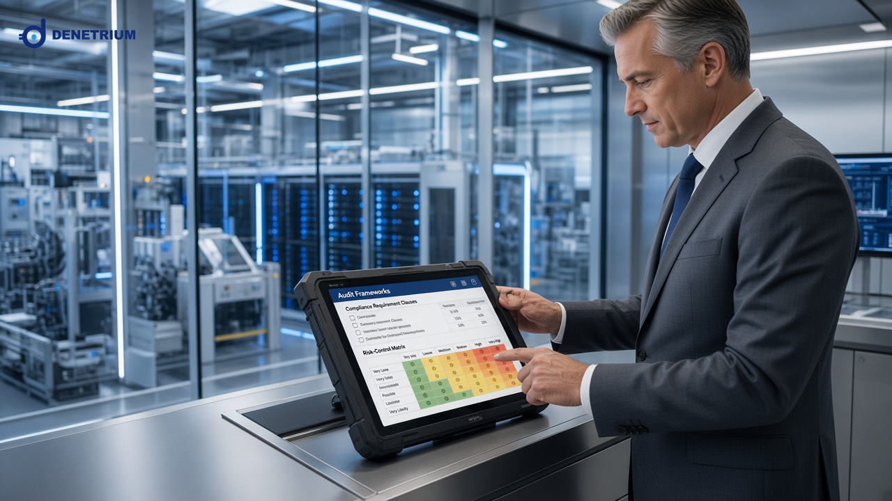 Ein Auditor prüft in einem industriellen Leitstand auf einem robusten Tablet Audit-Rahmen und eine Risikokontrollmatrix. Das Denetrium-Logo steht in der Ecke.