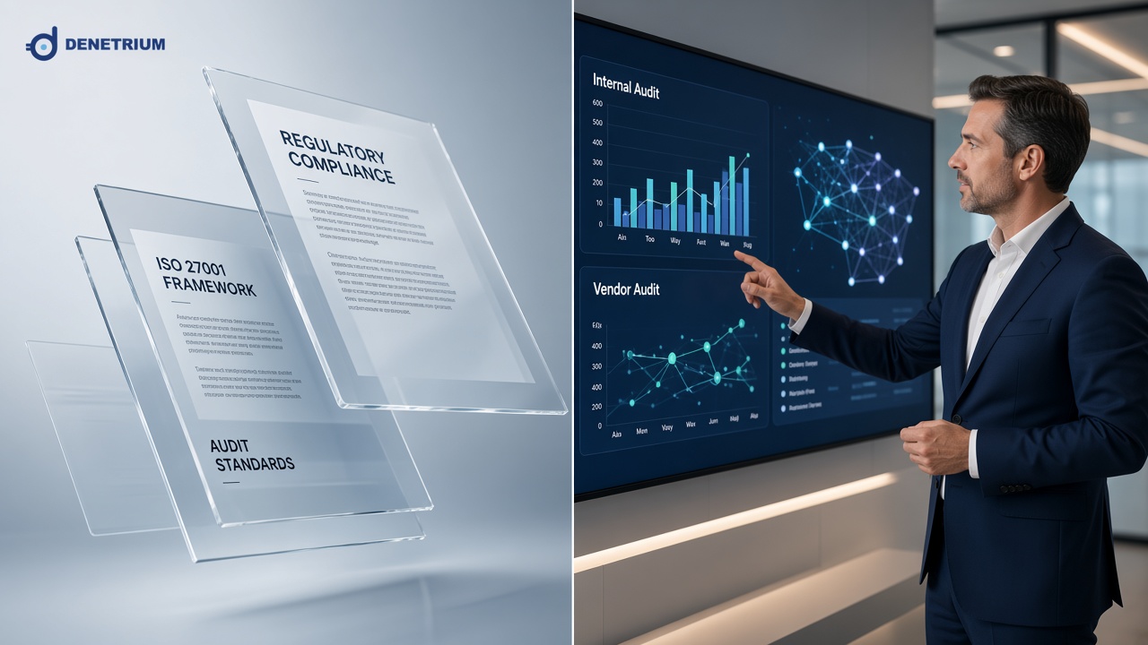 Split view of floating regulatory compliance and ISO 27001 framework panels beside a risk director pointing at internal audit and vendor audit dashboards. The Denetrium logo sits in the corner.
