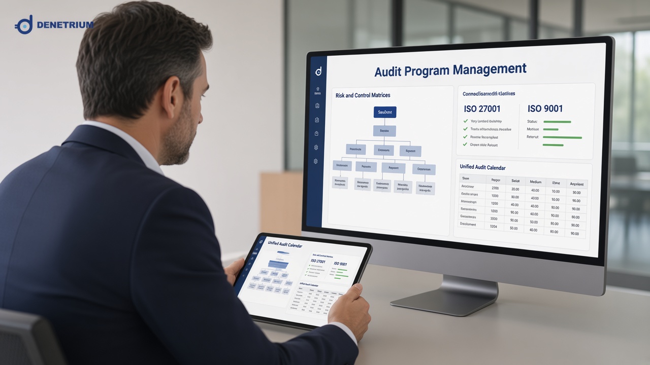 Lacivert takım elbiseli bir baş denetçi, masadaki tablette birleşik denetim takvimini inceliyor; arkadaki monitörde risk kontrol matrisi ağacı, ISO 27001 ve ISO 9001 panelleri açık. Görselin köşesinde Denetrium logosu var.