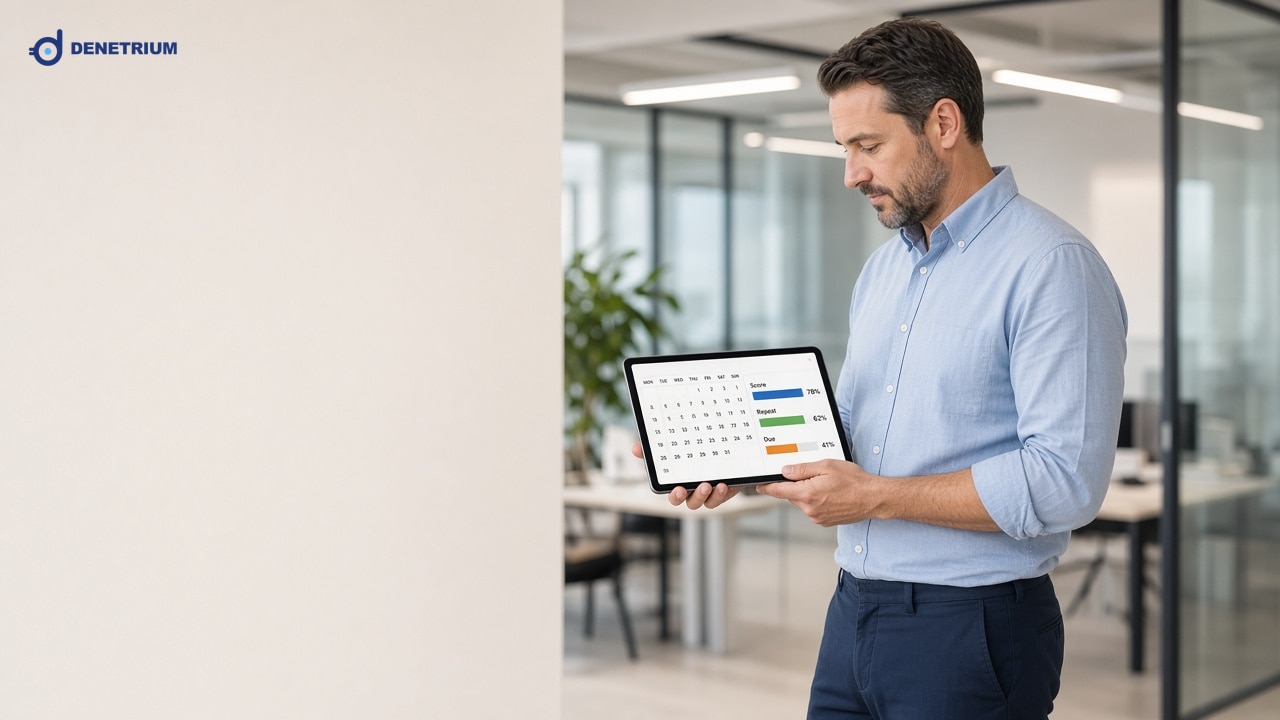 Ein Audit-Koordinator prüft im Büro den scorebasierten Prüfplan auf einem Tablet. Das Denetrium-Logo steht in der Ecke.