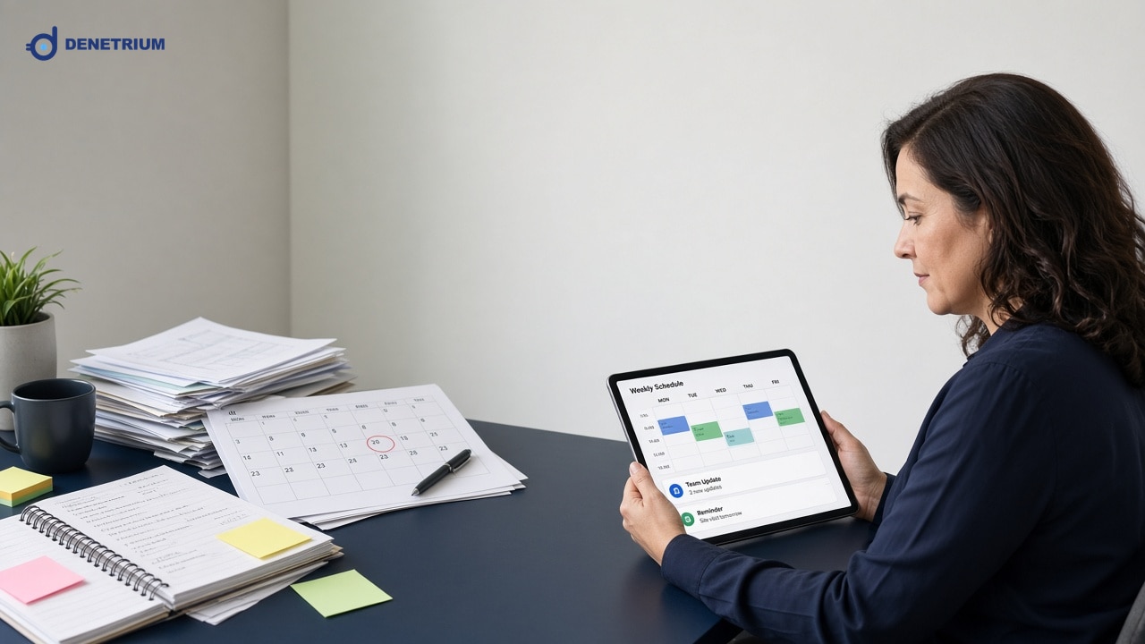 Split view of a paper planner and a manager reviewing an automated weekly audit schedule. The Denetrium logo sits in the corner.