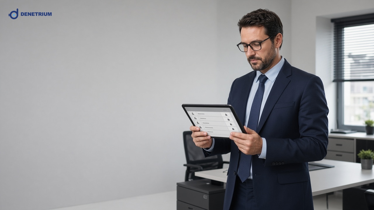 Ein Auditor prüft auf einem Tablet verschlüsselte Zugriffsprotokolle. Das Denetrium-Logo steht in der Ecke.