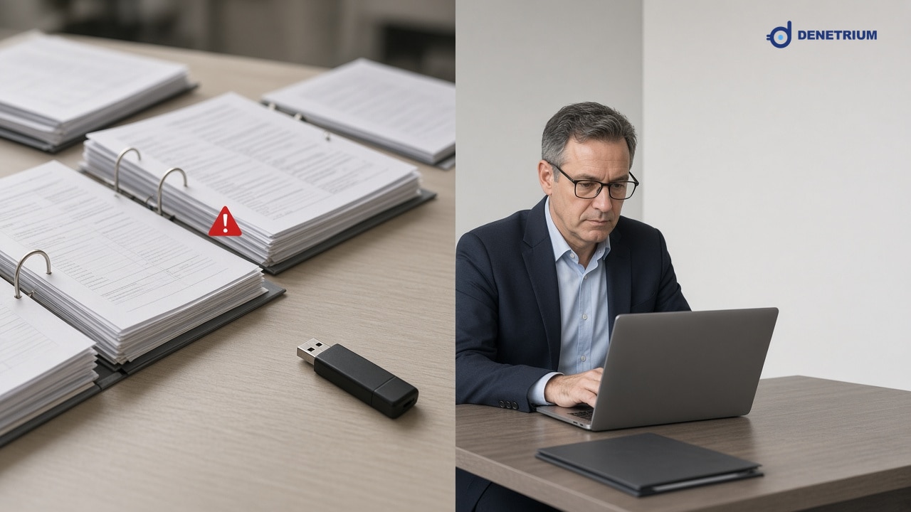 Split view of loose paper files and a security lead reviewing encrypted audit reports on a laptop. The Denetrium logo sits in the corner.