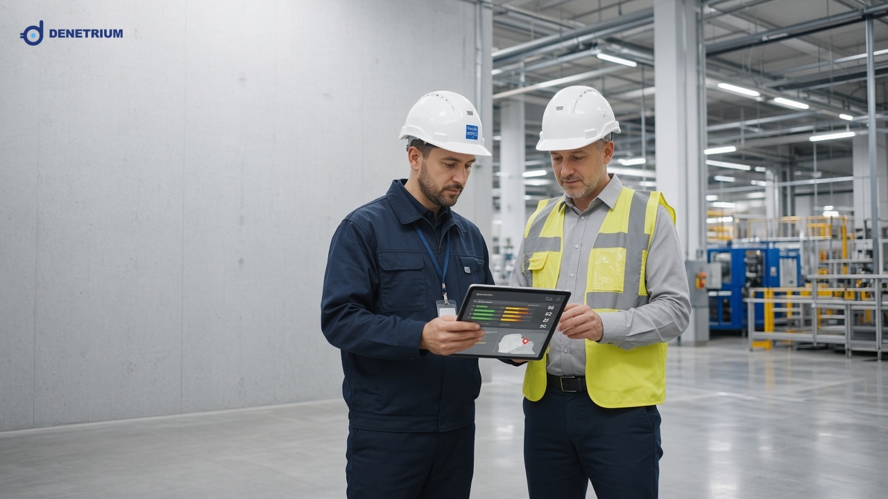 In einer Werkshalle prüfen ein Auditor und ein Betriebsleiter objektive Bewertungskriterien auf einem Tablet. Das Denetrium-Logo steht in der Ecke.