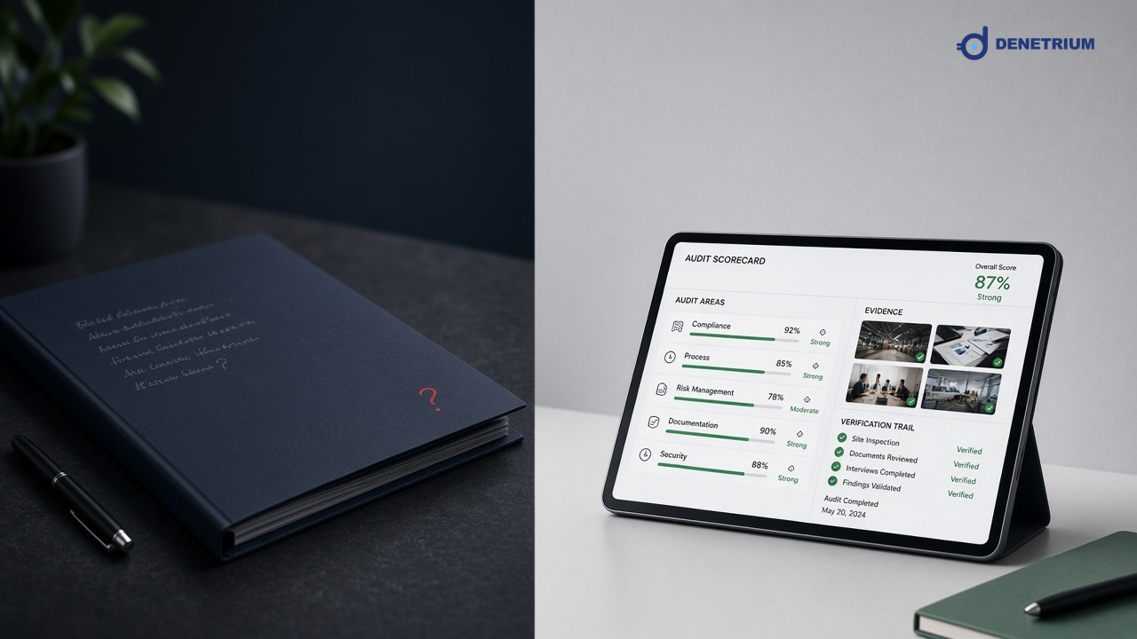 Split view of a closed paper folder and a tablet showing a transparent audit scorecard. The Denetrium logo sits in the corner.