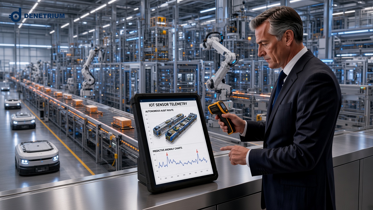 Ein Qualitätsdirektor prüft in einem automatisierten Werk IoT-Sensordaten, eine autonome Audit-Route und Anomalie-Grafiken. Das Denetrium-Logo steht in der Ecke.