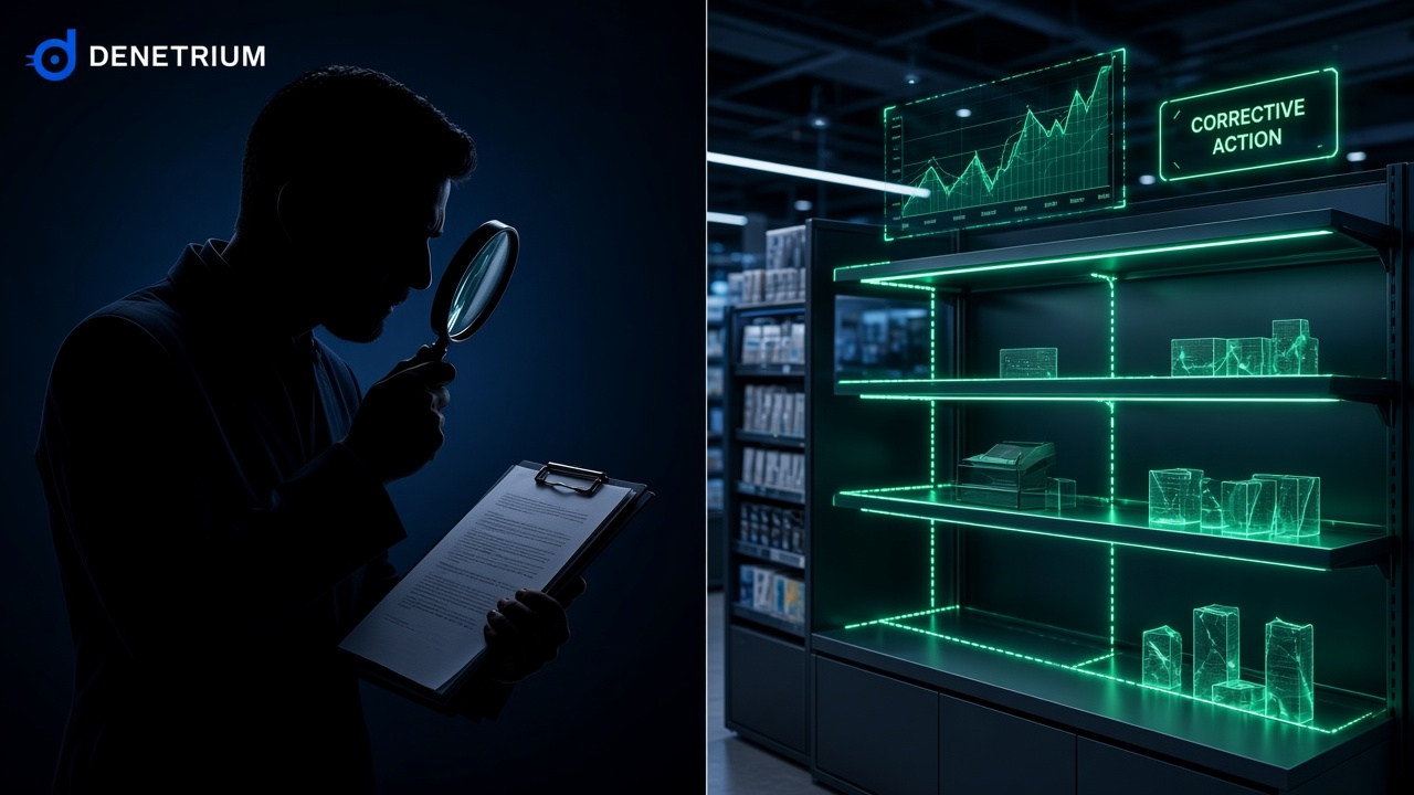 Split view of a traditional inspector with a magnifying glass and a computer-vision shelf that flags gaps and a corrective action. The Denetrium logo sits in the corner.