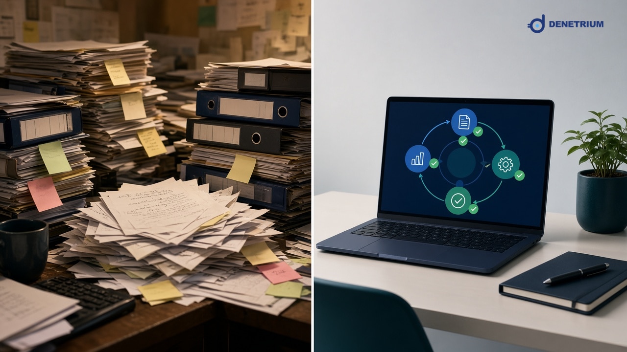 Split view of a desk buried in paper and a laptop showing a closed-loop action flow. The Denetrium logo sits in the corner.