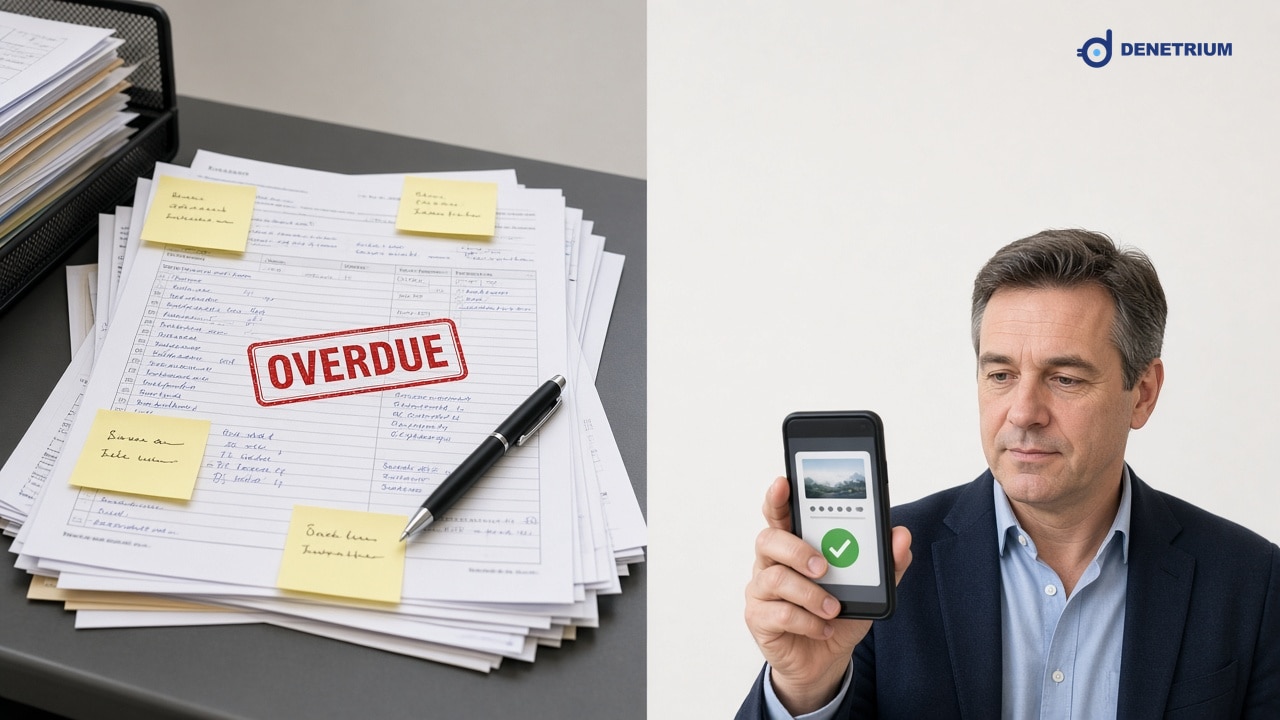 Split view of overdue paper action forms and a director approving a photo on a phone. The Denetrium logo sits in the corner.