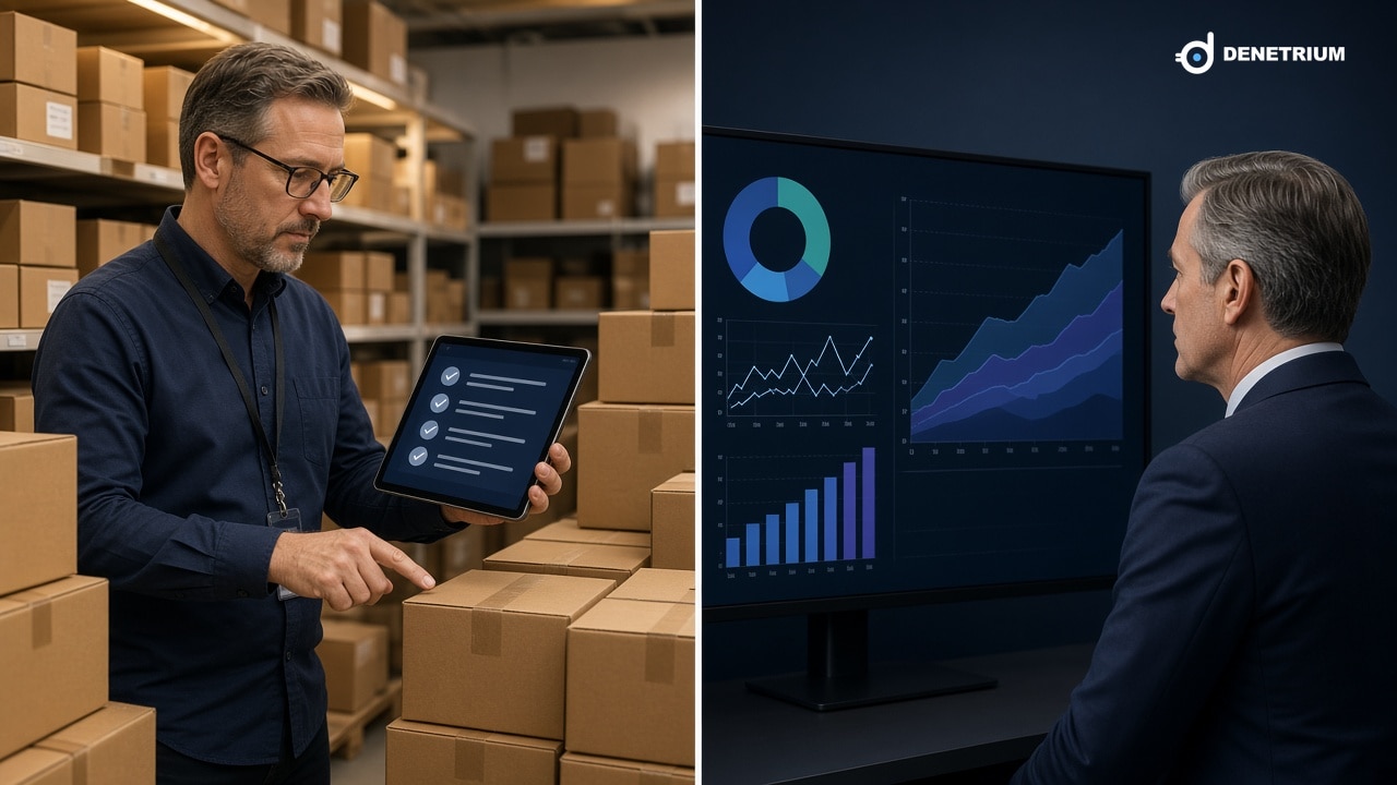 Split view of a supervisor counting stock with a tablet and an executive watching risk charts. The Denetrium logo sits in the corner.