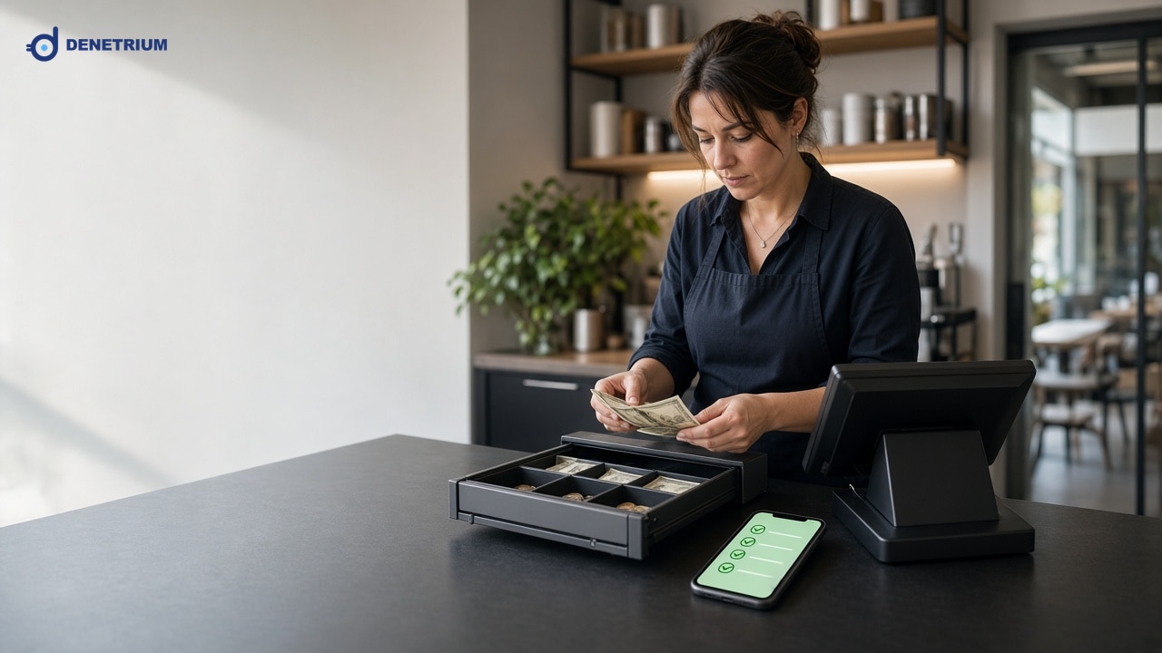 Bir kafe ofisinde yönetici kasa çekmecesini sayıyor; yanında satış noktası ve yeşil onaylı bir telefon duruyor. Görselin köşesinde Denetrium logosu var.