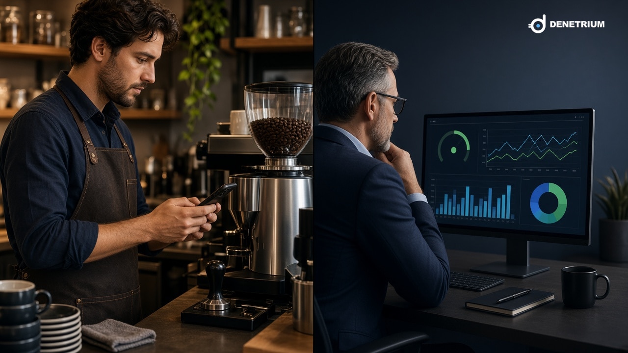 Split view of a barista checking a phone at morning setup and an operations director watching equipment charts. The Denetrium logo sits in the corner.