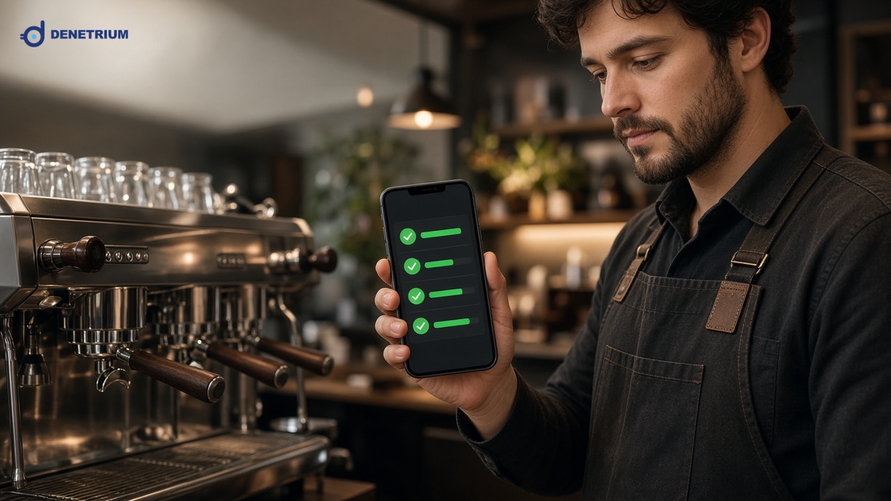 Bir kahve barında barista, espresso makinesinin yanında telefonda yeşil onaylı bir kontrol listesine bakıyor. Görselin köşesinde Denetrium logosu var.