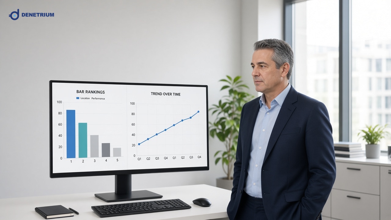 Ein Gebietsleiter prüft Filialrankings und Trendgrafiken auf einem großen Monitor. Das Denetrium-Logo steht in der Ecke.