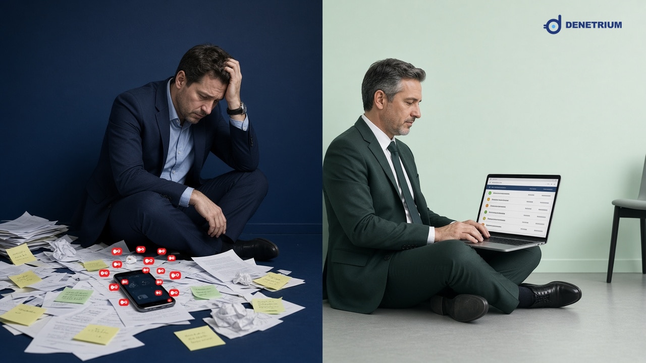 Split view of a manager buried in notes and a district lead filtering store status on a laptop. The Denetrium logo sits in the corner.