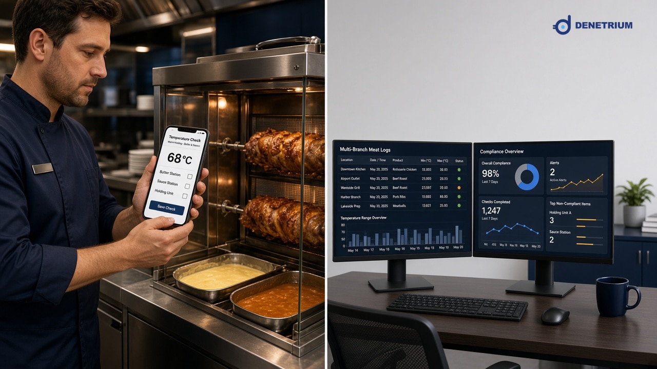 Split view of a sauce temperature check at a rotisserie and branch compliance charts. The Denetrium logo sits in the corner.