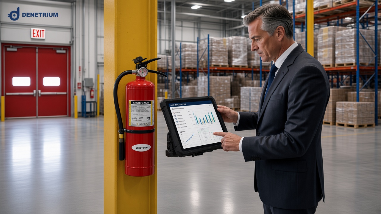 Ein Prüfer kontrolliert in einer Lagerhalle neben einem Feuerlöscher und einem Notausgang die Checkliste auf einem Tablet. Das Denetrium-Logo steht in der Ecke.