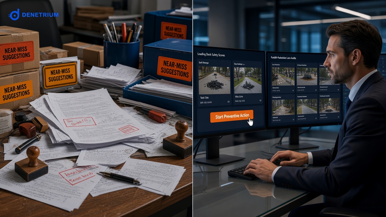 Split view of handwritten accident reports and dusty near-miss boxes beside an EHS director reviewing hazard photos and starting a preventive action. The Denetrium logo sits in the corner.