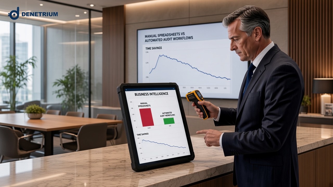 Ein Manager vergleicht im Büro auf Tablet und Großbildschirm manuelle Tabellen mit automatisierten Audit-Workflows. Das Denetrium-Logo steht in der Ecke.