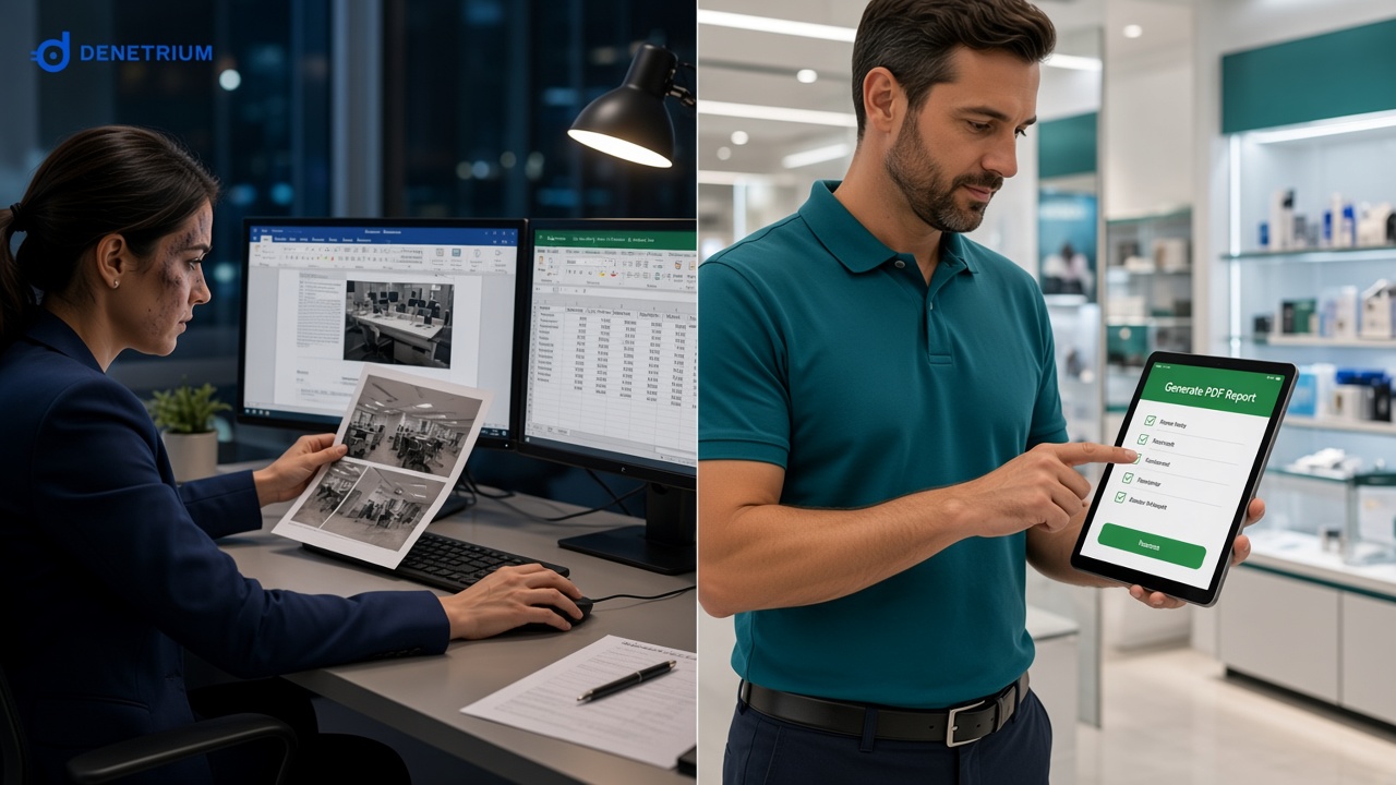 Split view of a manager compiling audit photos into spreadsheets late at night and a field auditor generating a PDF report on a tablet. The Denetrium logo sits in the corner.
