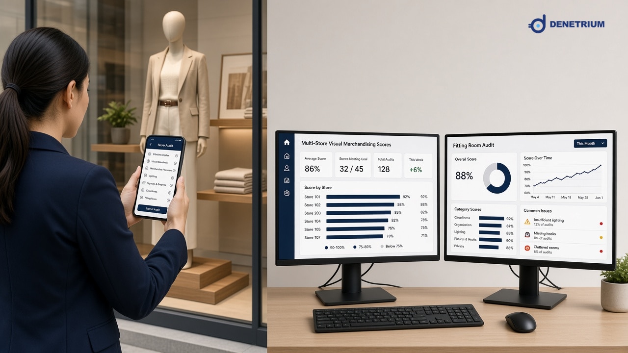 Split view of a window-display photo check and multi-store merchandising scores. The Denetrium logo sits in the corner.