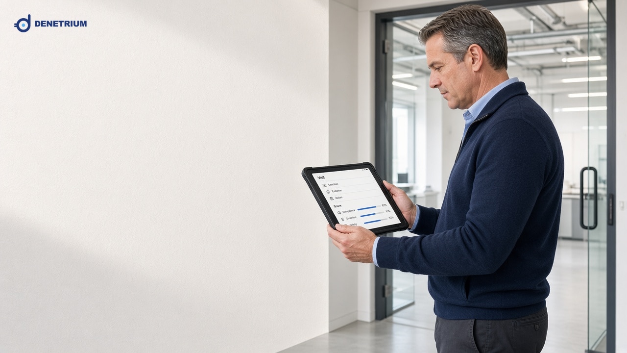 Ein Auditor prüft am Eingang eines Betriebs den Filialbesuch auf einem Tablet. Das Denetrium-Logo steht in der Ecke.