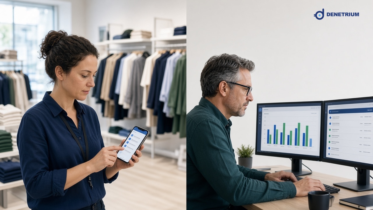 Split view of a store auditor on a phone and an operations director watching site metrics. The Denetrium logo sits in the corner.
