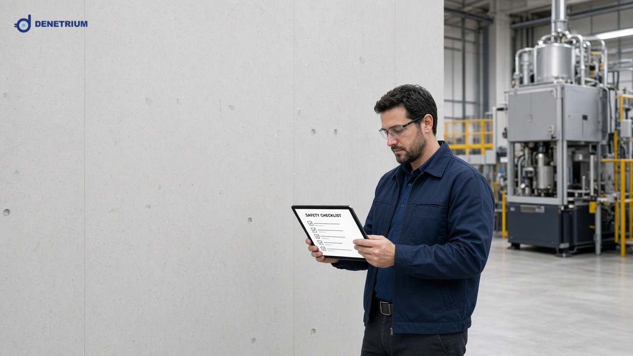 Ein Ingenieur prüft auf einem Tablet Maschinen- und Schichtkontrollen in einer Produktionshalle. Das Denetrium-Logo steht in der Ecke.
