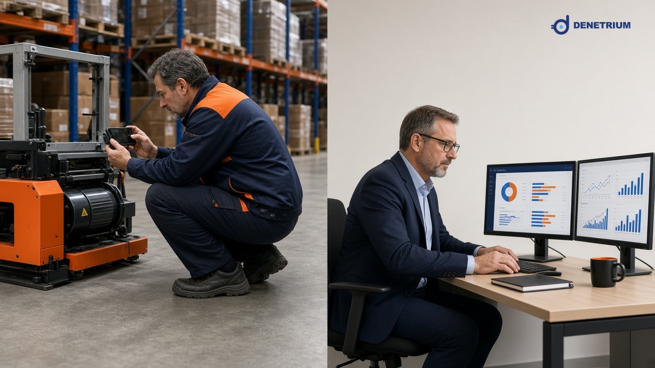 Split view of a warehouse photo check and an operations director reviewing site scores. The Denetrium logo sits in the corner.