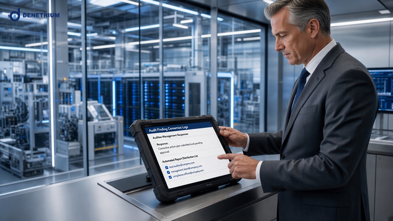 Ein Lead-Auditor prüft in einem Industrie-Büro auf einem Tablet Befundabstimmung, Stellungnahmen und die Berichtsverteilung. Das Denetrium-Logo steht in der Ecke.