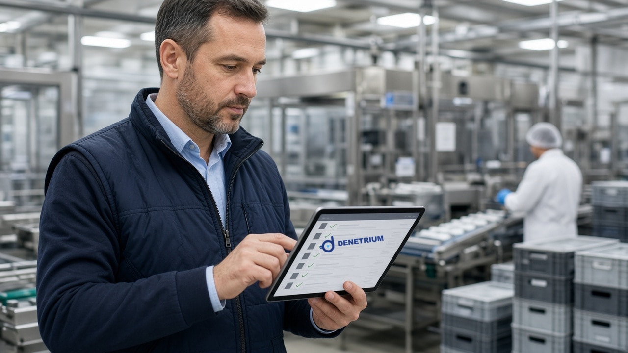 Ein Qualitätsprüfer füllt in einer modernen Produktionsstätte auf einem Tablet eine Kontrollliste aus. Auf dem Bildschirm steht das Denetrium-Logo.