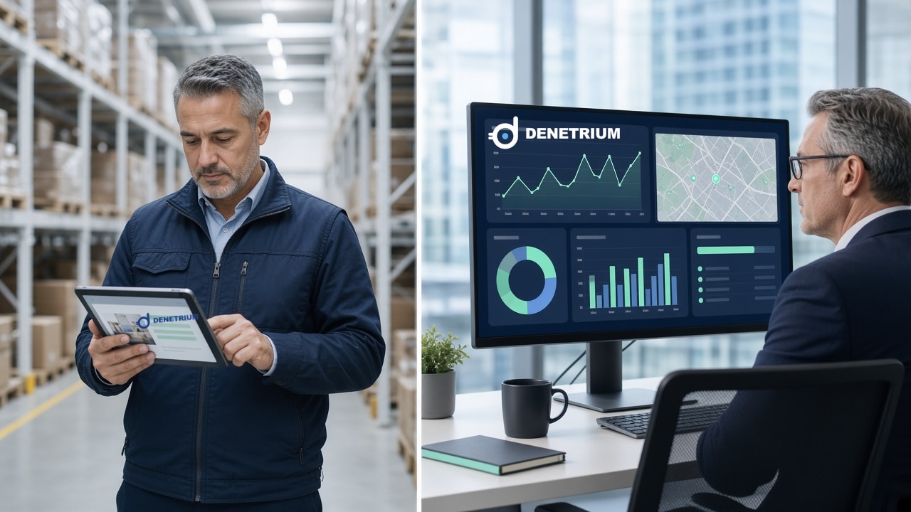 Split view of a manager inspecting a warehouse on a tablet and an executive watching a live map and audit metrics, both screens showing the Denetrium logo.