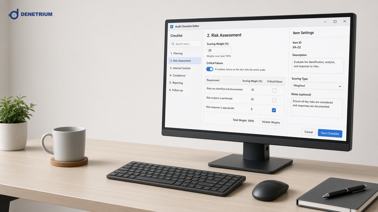 Ein Monitor zeigt einen Prüfkatalog-Editor mit Gewichtung und K.o.-Schalter. Das Denetrium-Logo steht in der Ecke.