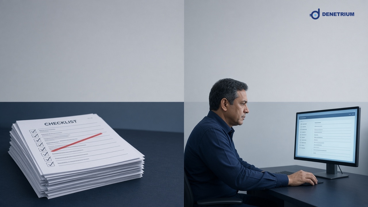 Split view of struck-through paper checklists and a manager building an audit form on screen. The Denetrium logo sits in the corner.