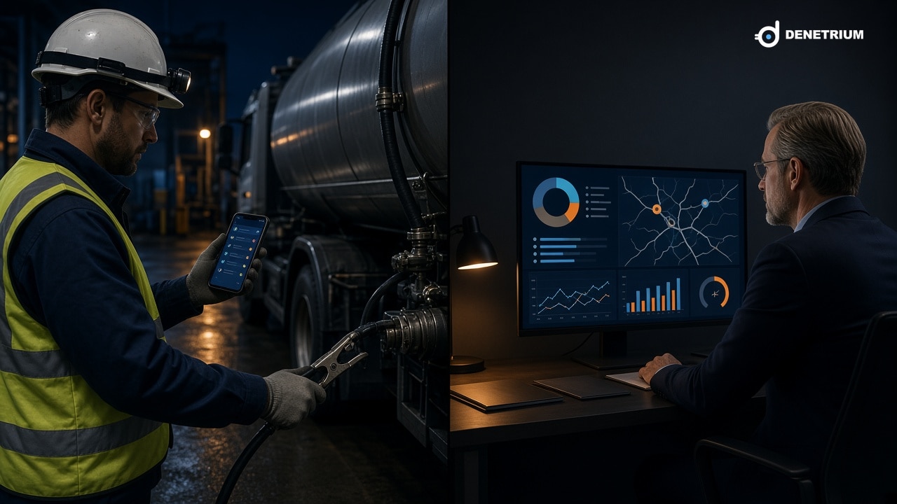 Split view of an auditor checking a tanker grounding line and an executive watching a station safety map. The Denetrium logo sits in the corner.