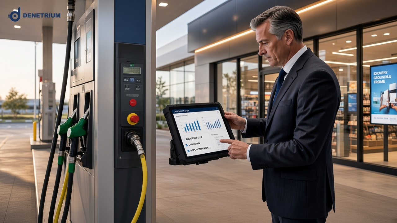 Ein Prüfer kontrolliert an der Zapfsäule Not-Aus, Erdung und Marktstandards auf einem Tablet. Das Denetrium-Logo steht in der Ecke.