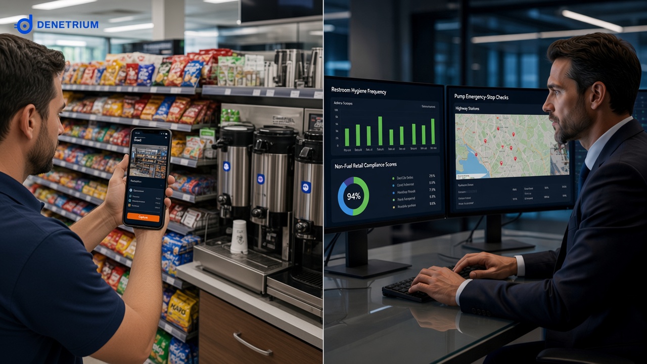Split view of a station manager photographing snack shelves and a coffee station, and a retail director tracking restroom frequency and non-fuel compliance scores. The Denetrium logo sits in the corner.