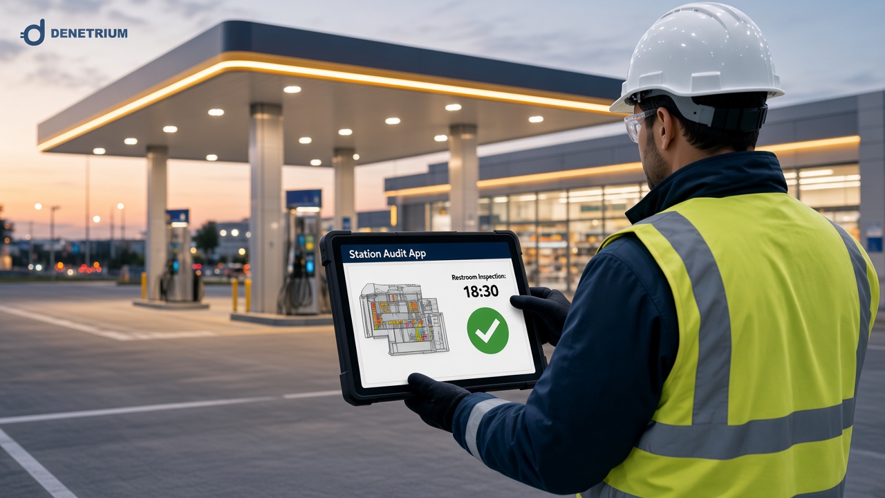 Akşam ışığında modern bir akaryakıt istasyonunda yelekli bir saha denetçisi, tablette market planogramı, tuvalet denetim saati ve yeşil onay rozetini inceliyor. Görselin köşesinde Denetrium logosu var.