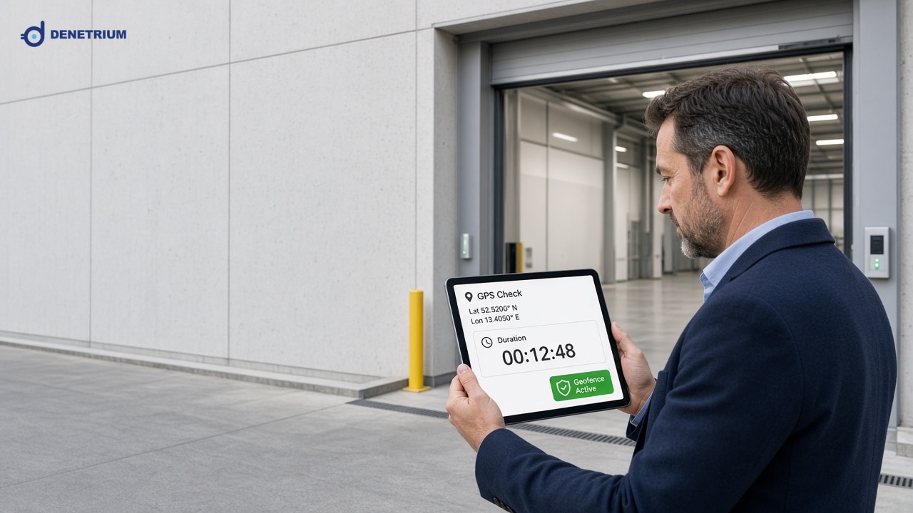 Am Werkstor prüft ein Auditor auf dem Tablet GPS-Koordinaten und die Prüfdauer. Das Denetrium-Logo steht in der Ecke.