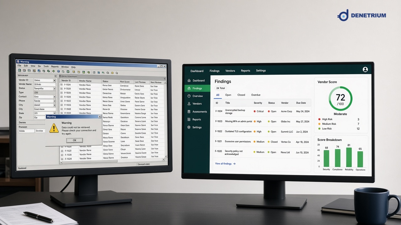 Split view of a cluttered legacy audit screen and a clean findings dashboard. The Denetrium logo sits in the corner.