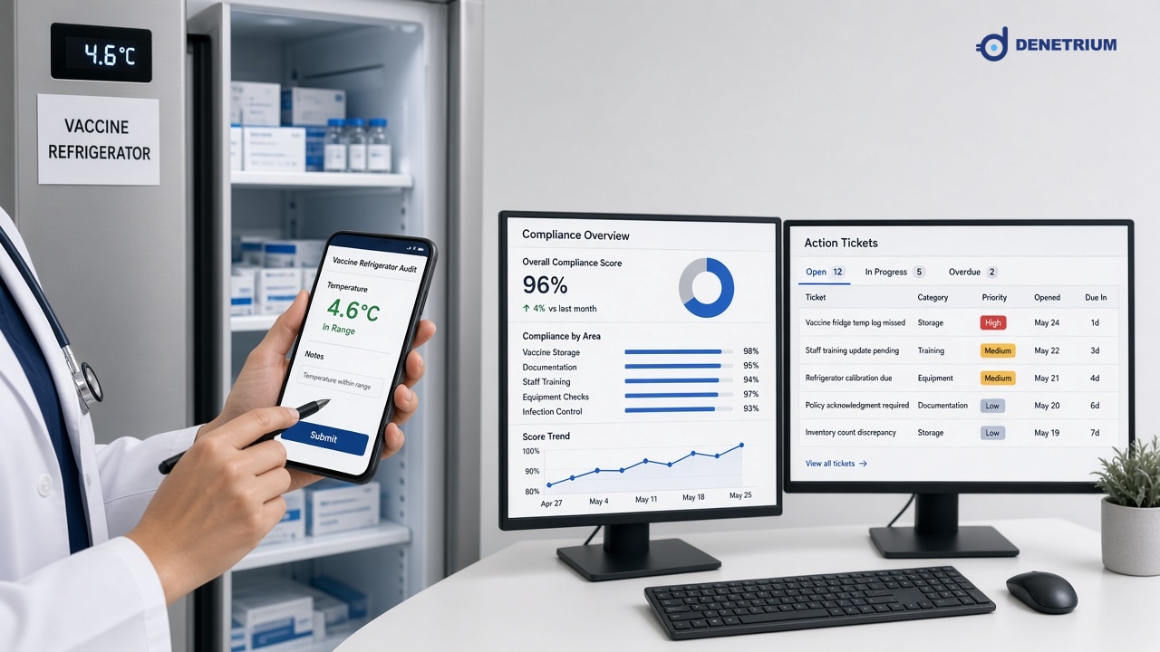 Split view of a vaccine refrigerator check and hospital compliance screens. The Denetrium logo sits in the corner.